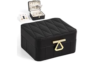 KAMIER Travel Jewelry Box Organizer, Diamond Quilted Leather Jewelry Case with Mirror, Small Portable Jewelry Box for Women, Black