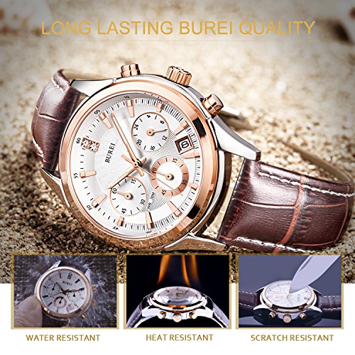 BUREI Elegant Casual Sports Chronograph Men's Quartz Watch Stylish Luxury Mens Wrist Watch with Date Calendar and Brown Calfskin Leather Strap (Brown-rose gold)
