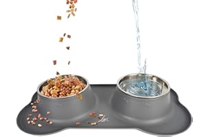 Ligo - Ciotole per Cani e Gatti di Piccola, Media e Grande Taglia, Ciotola Doppia in Acciaio Inossidabile Antiscivolo e Anti Goccia, Ciotola Cane con Tappetino in Silicone (L, GRIGIO)