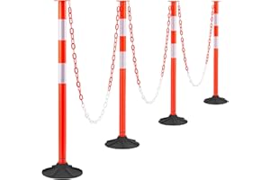 VEVOR Poteau de Signalisation 4PCs 87,1 cm, Balise de Délimitation avec Base Lestée, Bandes Réfléchissantes et Chaîne, Délinéateur de Circulation pour Contrôle des Foules, Chantier Parking, Rouge