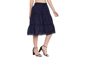 Doorwaytofashion Womens Knee Length Cotton Skirt Tiered Embroidered Adjustable Waist Lined One Size 8 10 12 14 16