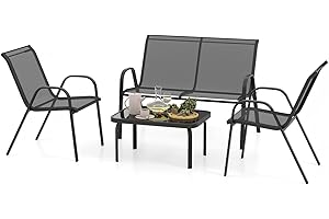 KOMFOTTEU Juego de Muebles de Jardín de 4 Piezas, Conjunto con Banco de 2 Plazas, Mesa de Centro y 2 Sillones, Set de Muebles de Textileno y Cristal Templado, para Balcón, Terreza, Patio (Gris)