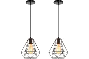 iDEGU Lot de 2 Lampes Suspensions Vintage, 20cm Lustre Industriel Suspension Luminaire Abat-jour en Métal en Forme Dimant de Cage Plafonnier pour Chambre, Salon, Salle à Manger, Cuisine (Noir)
