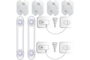 JSYSJ Cerraduras de Seguridad para Niños Set, 2 Piezas Blanco Cerradura de ventana segura para niños con Claves, 2 Piezas Transparente Cierres para Armarios con 4 Piezas Protector Enchufes Seguridad Niños