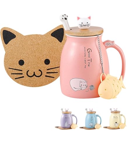 Kat Mok Set Van 2 Schattige Kat Theekop Koffiemok Keramiek Met Kawaii Deksel Schattige Kopjes Voor Kattenliefhebbers 450 Ml Kerst Verjaardag Kat Cadeau Mok Roze En Geel