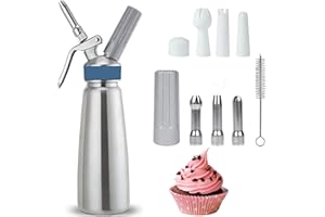 Keyoung 500ml sahnespender, Sahnesyphon Aluminium mit 3 Edelstahl Deko-Düsen und 1 Reinigungbürste, Auslaufsicherer sahnesiphon für die Zubereitung von Schlagsahne, Creme, Mousse und Desserts