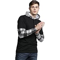 LEWEL Men's Hooded Cotton Blend Checked T-Shirt : Black, White