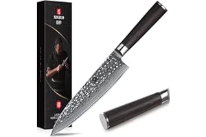 XINZUO Couteau de Chef 20.1cm Acier Damas, Couteaux de Cuisine Tranchants Forgé Couteau Gyuto Couteau à Trancher avec Poignée en Bois de Pakka Ergonomique- He Série