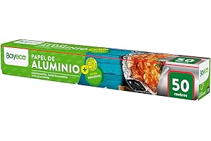 Bayeco - Papel Aluminio Extra Resistente - Conservación y envasado de alimentos - Estuche con sierra de corte - Extra resistente frente a roturas - Gran maleabilidad - Rollo 50 metros