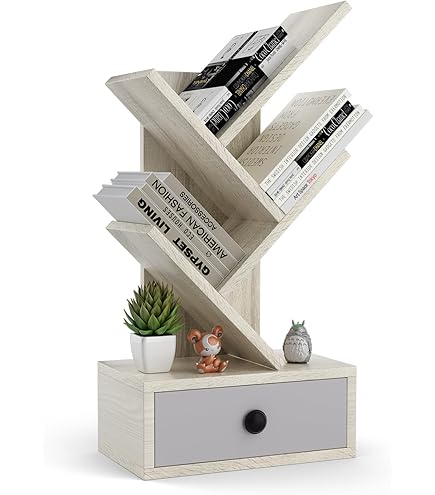 YMYNY Boom Boekenplank, Boekenkast met 4 Planken, Moderne houten Opbergkast voor Boeken/Films/Cd's, Smalle Vertoningsplank voor Slaapkamer, Home office, Wit HBC014W