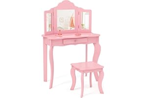 DREAMADE Schminktisch Kinder mit Hocker & Abnehmbarer Spiegel, Prinzessin Frisiertisch mit Schublade, Kinderschminktisch für Kinder Mädchen (Rosa-ohne Beleuchtung)
