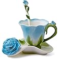 YBK Tech Creative 3D Rose Bone China Ceramic Coffee Mugs Afternoon Tea Cup and Saucer Set (Blue)