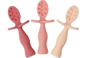 UPWARDBABY Upward Baby Spoons Self Feeding 6+ Months - 3 Pack, Chewable Toddler Utensils With Anti-Choke Barrier, Feeding Essentials, Silicone Spoons 4 Months+, Pink