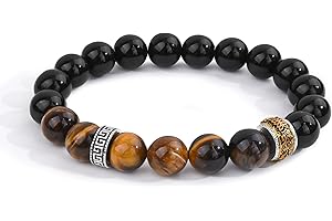 VGWON Cadeau Homme, Bracelet Homme, Bracelet Pierre Naturelle Obsidienne Œil de Tigre Bijoux, Cadeau pour Papa Fils Grand-père Oncle Collègue Anniversaire Noel