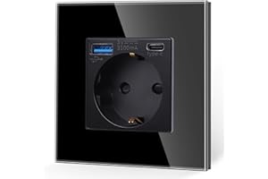 JIMEIDA Pojedyncze gniazdko z USB w kolorze czarnym, 16 A ze szkła Schuko, szybkie ładowanie, złącze USB i port typu C maks. 3,1 A, podtynkowy styk ochronny, gniazdo ścienne 86 mm, 250 V, 1 gniazdo