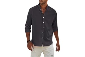 APOONABA Camisa Lino Hombre Manga Larga Color Sólido Shirts Casual Algodón Camisetas Elegante Coton Camisas con Botónes Regular Fit