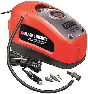 Black+Decker Kompressor (11 bar / 160PSI, Luftpumpe, digitale Druckeinstellung, Kabelfächer, beleuchtete Skala, inklusive 3 Ventil-Aufsätzen, Einstellring für BAR-Zahl, ASI300) mehrfarbig rot/schwarz