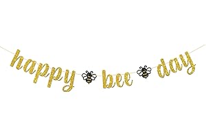 MERRSHIN Happy Bee Day Banner - Bumble Bee Baby Shower Party Garland Bunting Supplies - Bee Wedding - Birthday Party Decorations - Gold Glitter