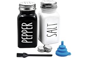 MAILESI Country Salt and Pepper Shakers Set, Vintage Glass Black and White Shaker Sets, 4 Stainless Steel Lids a Cleaning Brush, 1 Funnel, Farmhouse Style Kitchen Decor for Home Restaurant Wedding