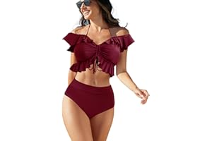 JFAN Trajes de Baño para Mujer Top Corto con Cuello Halter y Volantes Bañador de Colores con Hombros Descubiertos