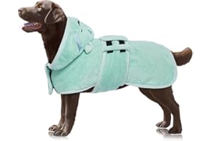 OUOBOB Dog Drying Coat, Bathrobe for Drying Dogs, Green Towels for Medium Dogs, Microfibre Dog Robe Super Absorbency with Hood & Adjustable Belly Straps for Frenchie, Beagle, Boston Terrier L