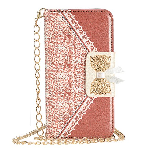 Uming® Gold Bow Lady Series PU Case [* for Sony Xperia Z3 *] with Bling Shiny Glitter Glanze Elegant White Lace Pattern Flip Holster with Stand Stander Holder Hand Free Credit Card Slot Wallet Hasp Magnet Magnetic Button Buckle Shell Protective Mobile Cell Phone Case Cover Bag - Brown