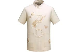 keepmore Herren Chinesisch Traditionell Lange Ärmel/Kurzarm Stehkragen Tang Anzug mit Drachen Design Tai Chi Hemd Kung Fu Uniform Ausbildung Kleidung