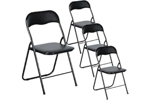 EGGREE Ensemble de 4 Chaises Pliantes Noires - Cadre Métallique, Siège Rembourré en PVC - Capacité de Charge 110 kg - Chaise Ergonomique Pliable pour Camping, Balcon, Fêtes, Bureau, Restaurant