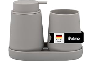 eluno Badezimmer-Set TESERO mit Soft-Touch Oberfläche, Bad-Accessoires Set 3tlg. bestehend aus 1x Seifenspender, 1x Becher und 1x Schale, ideal für Badezimmer und Küche aus Kunststoff (Taupe)