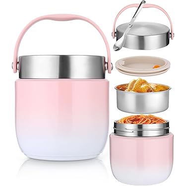Thermoskan Voor Warm Eten Stapelbaar, 2-Tier dubbelwandige vacuü lunchcontainers voor kinderen en volwassenen, Thermische containers houden voedsel warm koud voor picknick op schoolreis Huiba