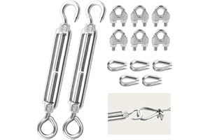 JINSION Drahtspanner Edelstahl,2 Stück Spannschlösser M6,5 Stück Drahtseil Kauschen,6 Stück Seilklemmen,Verstellbare Spannschlösser Seilspanner mit Haken Öse,für Seil,Sonnensegel,Gartendraht,Zaunspanner