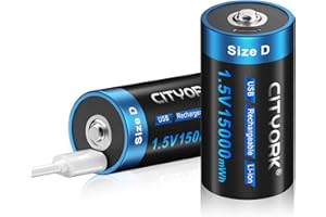 CITYORK Akumulatory z ogniwem D, 1,5 V, 15000 mWh USB Li-Ion D, ładowalne z kablem typu C, 2 sztuki