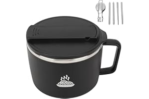 Haofy Ciotola per noodle in acciaio inossidabile 304 con coperchio, spork e bacchette, design slot per telefono, uso microonde, adatta per ufficio, casa, scuola, picnic, dormitorio