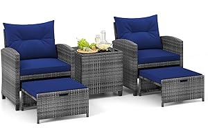 COSTWAY 5-Piece Rattan Garden Furniture Set, Patio Conversation Set with 2 Chairs, 2 Stools, Glass Top Coffee Table and Thick Cushions, Balcony Wicker Weave Outdoor Sofa Seating (Navy+Mix Grey)