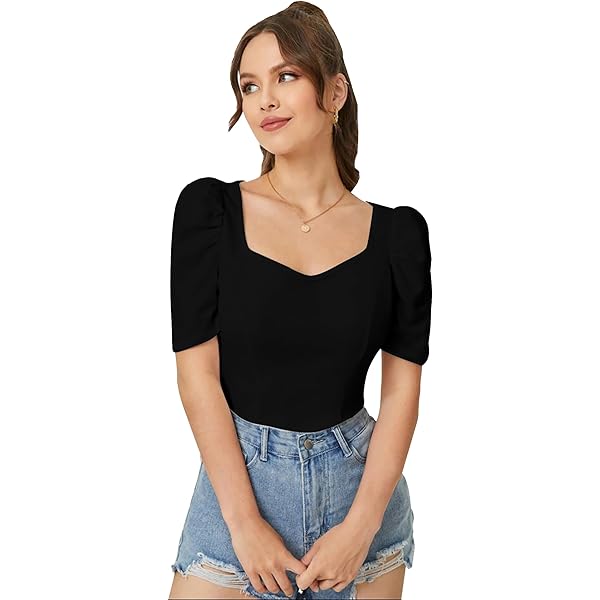 Hanaya Designs Puff Sleeves & Square Neck Tops - Ribbed Crop