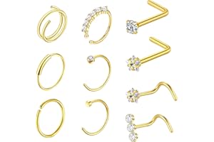 jagosen Gold Nose Ring Stud 10pcs 20g 22g Gold Diamond Double Nose Septum Rings Hoop Hypoallergenic Corkscrew L Shape Lip Ring Nose Piercing Jewellery For Women Men
