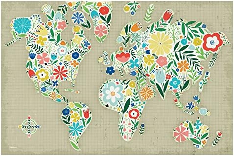 Beautiful Flower Filled World Map on Tan by Michael Mullan; Floral Decor; One 46x30cm Unframed Paper Poster