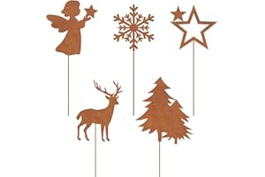 VerLuky 5er Set Gartenstecker Weihnachten mit Rentiere Weihnachtsbaum Schneeflocken Elf Stern,Rost Weihnachten Deko Outdoor,Weihnachtsstecker Metall,Roststecker für Advent Garten Terrasse Balkon
