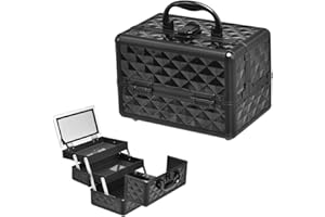 GIANTEX Cosmetic Case with Mirror, Beauty Makeup Case Made of ABS and Aluminium, 2 Extendable Shelves, Fold-Out & Portable Tier Case, Hairdressing Case, Multi Case, black, Modern