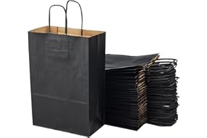 MIAMEX Lote de 50 bolsas, negras, de papel kraft, con asas, 20 x 10 x 29,2 cm, para las compras, embalaje de regalo para cumpleaños, Navidad y boda