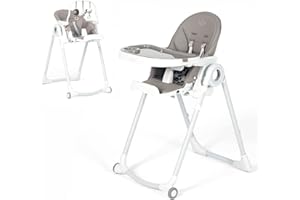 Allis Baby Lola High Chair, Adjustable Folding Baby Chair with Multiple Height and Seat Positions, Removable Tray, 5 Point Harness and Toy Bar, Portable Highchair for Babies and Toddlers (Grey)