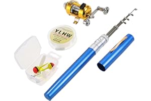 HUIOP Ensemble combiné de moulinet de canne à pêche Mini stylo de poche portable télescopique Canne à pêche et moulinet Ligne de pêche en alliage d'aluminium Leurres souples Appâts Jig Hooks,Fishing R