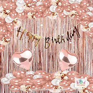 PARTY BREEZE rosegold and white Happy Birthday Decoration Kit with curtain,ballloons,banner,heart,48pcs for Birthday Decoration Boys Kids,Girls,Husband,Wife Girl Friend Adult