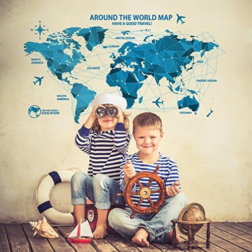 Wallpark Creative Blue Origami World Map Removable Wall Sticker Decal, Living Room Bedroom Home Nursery Decoration Adhesive DIY Art Wall Mural