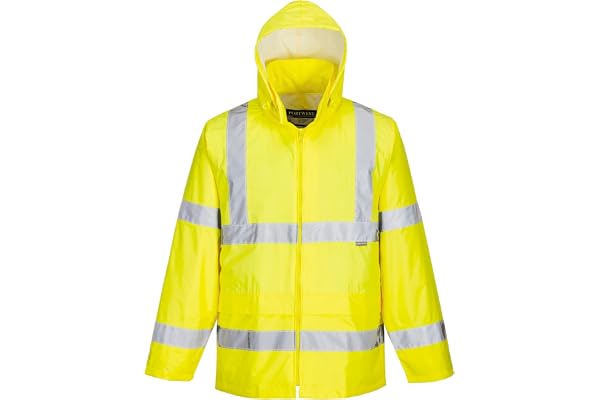 Portwest H440 Hi-Vis Regnjacka Med Huva Hög Synlighet 2 Fickor Vattentät | Gul, M, EN ISO 20471 Klass 3, Normal Passform, Lång Ärm, Tejpade Sömmar, Enfärgat Vävt Tyg, Lättvikt, Reflekterande, Skaltyg