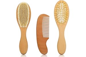 LBB＆ZQQ 3 Pieces Baby Hair Brush & Comb Set, Infants and Toddlers Natural Wooden Hairbrush with Soft Goat Bristles for Cradle Cap and Massage, Baby Shower and Scalp Grooming