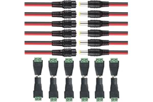 QITINDASEN FULARR® 24Pcs Premium 5.5 X 2.1mm DC Conector Kit: 6 Pares DC Power Jack Conector Adaptador + 6 Pares DC Power Pigtail Cable, para CCTV Cámara LED Strip