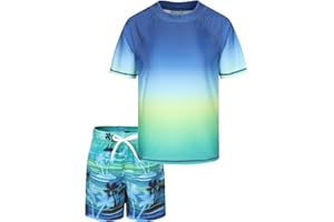 AISYEE Boys Rash Vest Kids Two Piece Swimming Costume with Board Shorts Short Sleeve Boys Swimsuit Set Age 5-16 Years