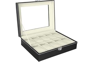 Arlopu Caja de Reloj con 10 Compartimentos, Caja de Reloj con Tapa de Cristal y Hebilla de Metal, Piel Sintética Negra, Forro Blanco, Cojín de Terciopelo Extraíble, 25,6 x 20,2 x 77 CM