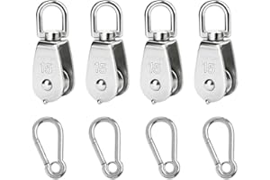 Jortmrd 4 Pezzi M15 Puleggia Carrucola in Acciaio Inox Puleggia Singola Carrucola per Sollevamento con 4 M4 Moschettone per Corda di Sollevamento Cavo Corda, Capacità di Carico 35 Kg (Argento)
